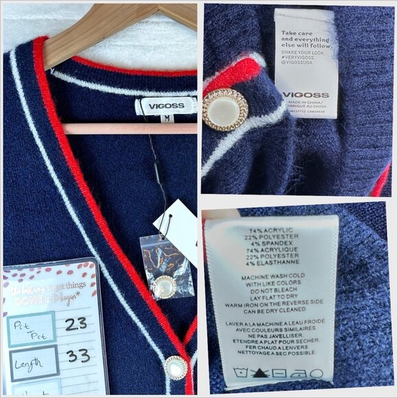 Vigoss Navy Longline Belted Cardigan Sz M Pearl Gold Buttons Nautical Trim NWT - Picture 8 of 8